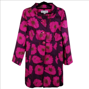 Sara Campbell Pink Purple Floral Ruffle Collar Long Sleeve Button Trench Coat